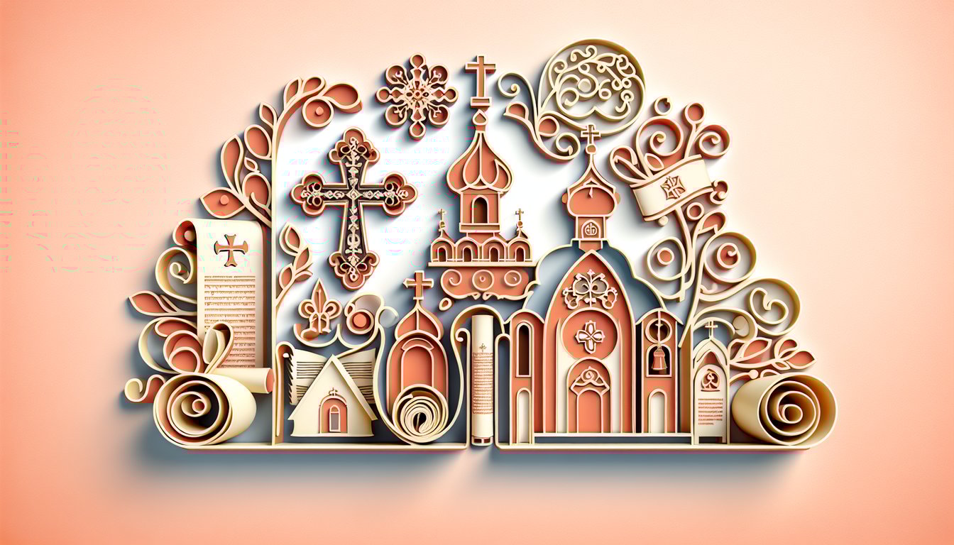 Paper art illustration for Orthodox Bible Trivia quiz on a coral background