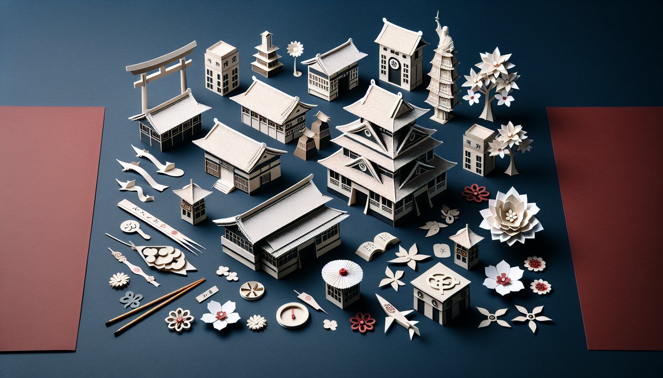 Paper art depicting trivia quiz about Japans history and culture during Hideki Tojos era for high school students.
