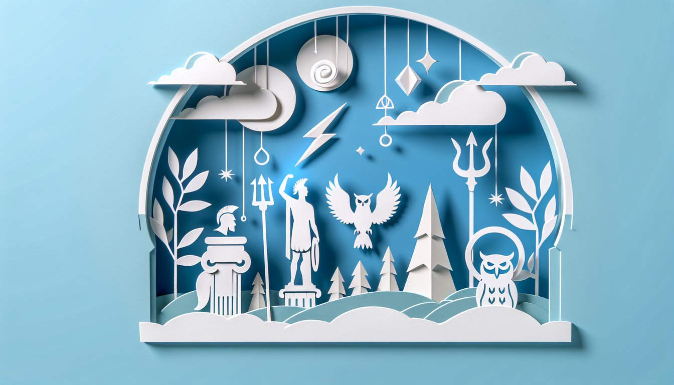 Layered paper art shows Greek temple pillars laurel wreath lightning bolt shield on sky blue background for a Greek god quiz.