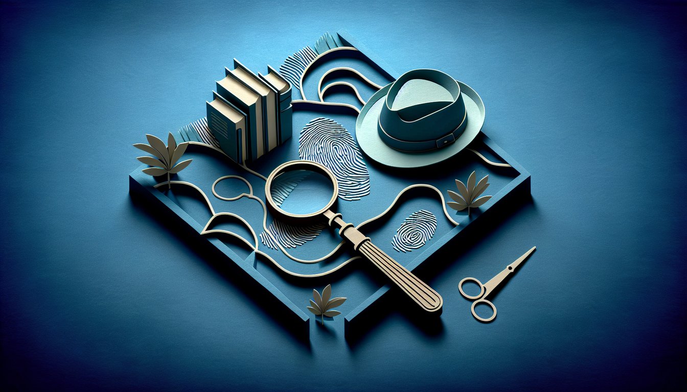 Paper art illustration for detective exam quiz on a dark blue background
