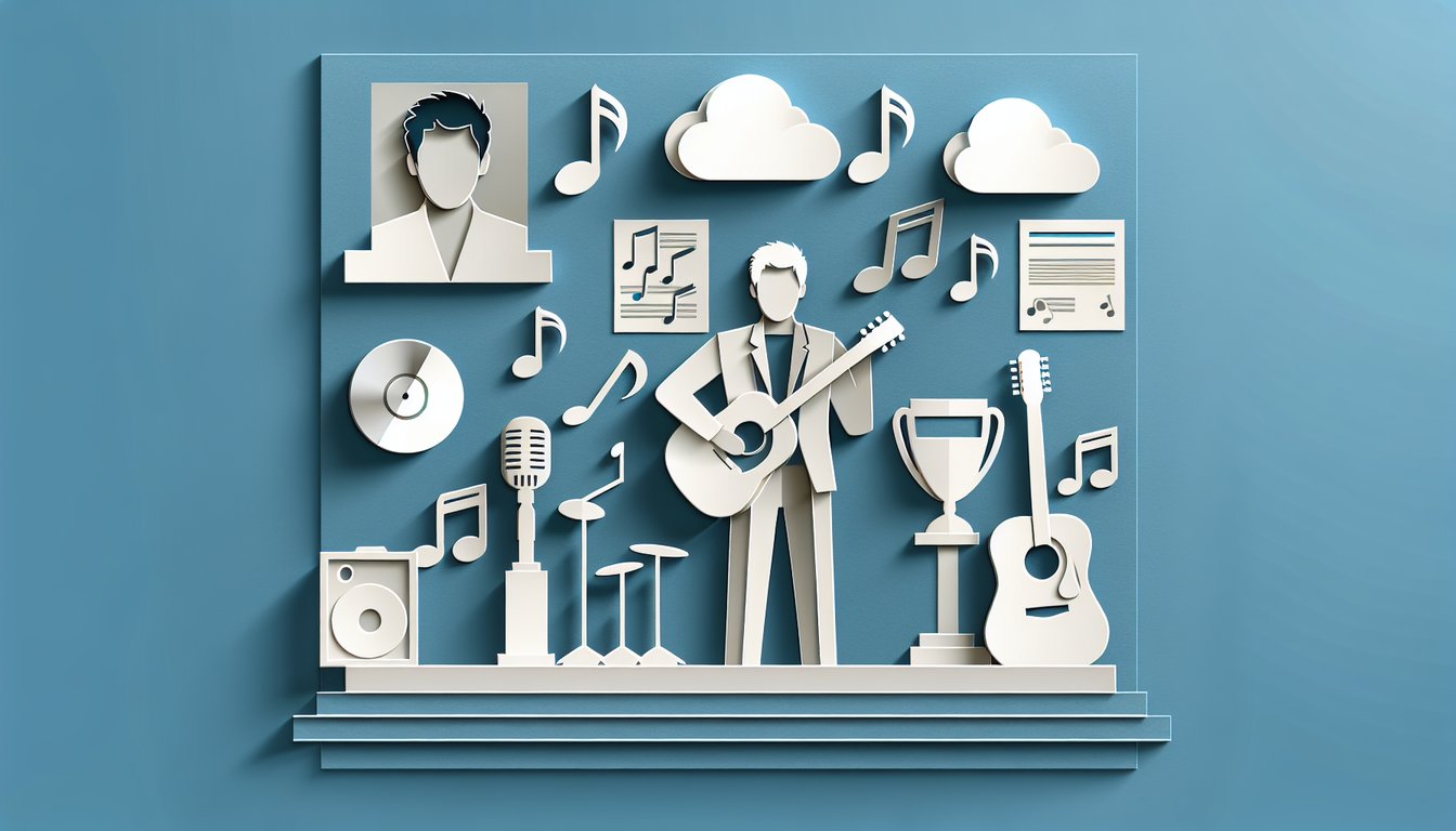 paper art style guitar, vinyl and music notes on sky blue background for Jackson Browne quiz