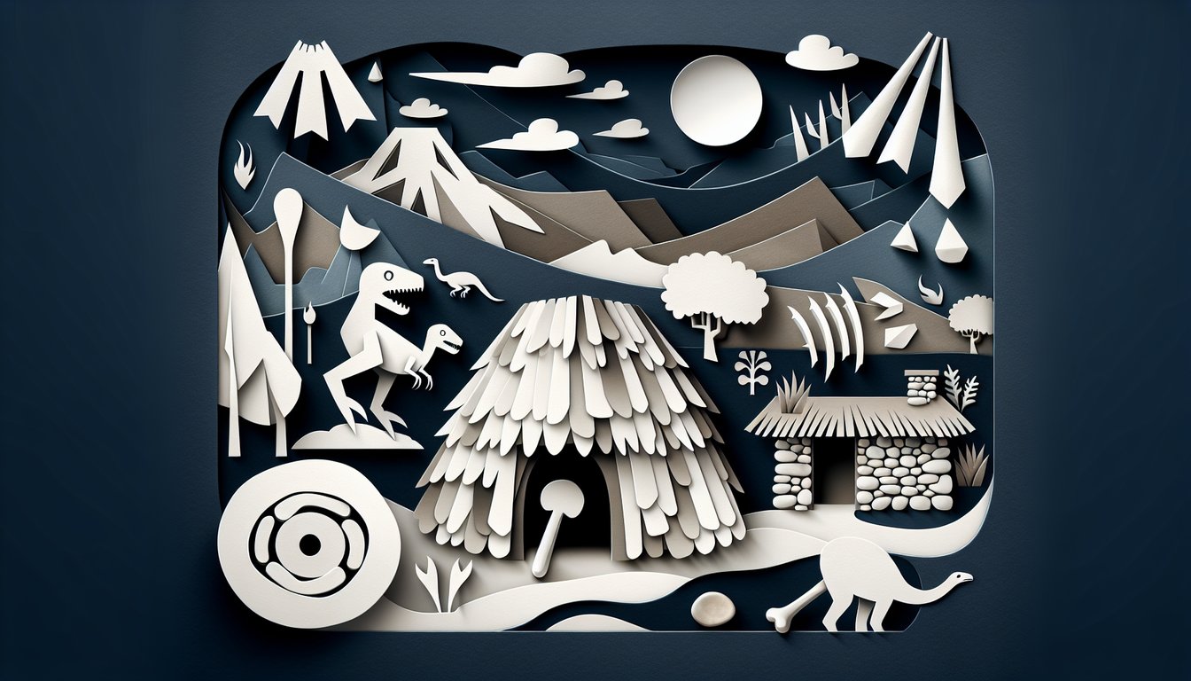Paper art style depiction of Fred Flintstone and Bedrock icons on dark blue background for trivia quiz