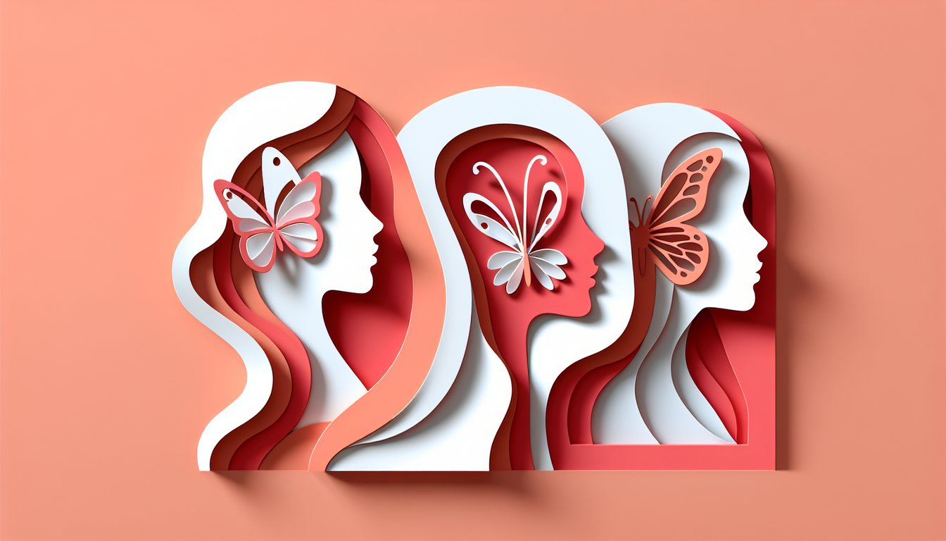 Paper art illustration for Demon Slayer butterfly girl quiz on a coral background