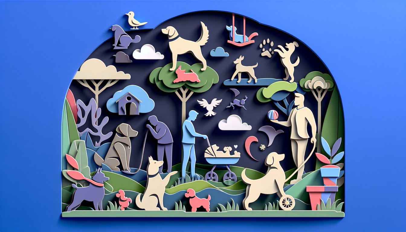 paper art dogs surround quiz title on dark blue background inviting you to discover your matching dog breed