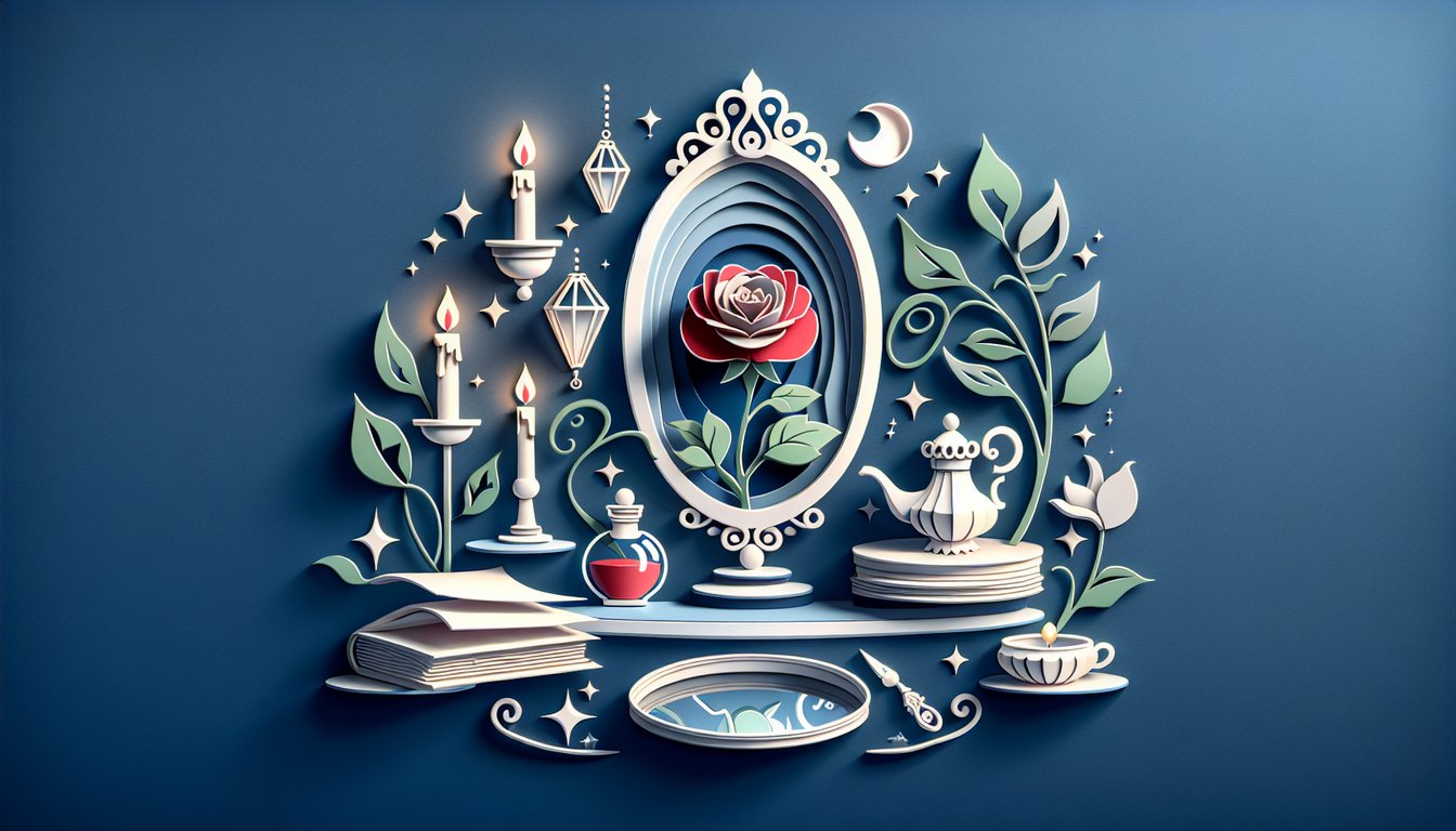 paper art enchanted rose book teacup candlestick on dark blue background for Beauty and the Beast personality quiz