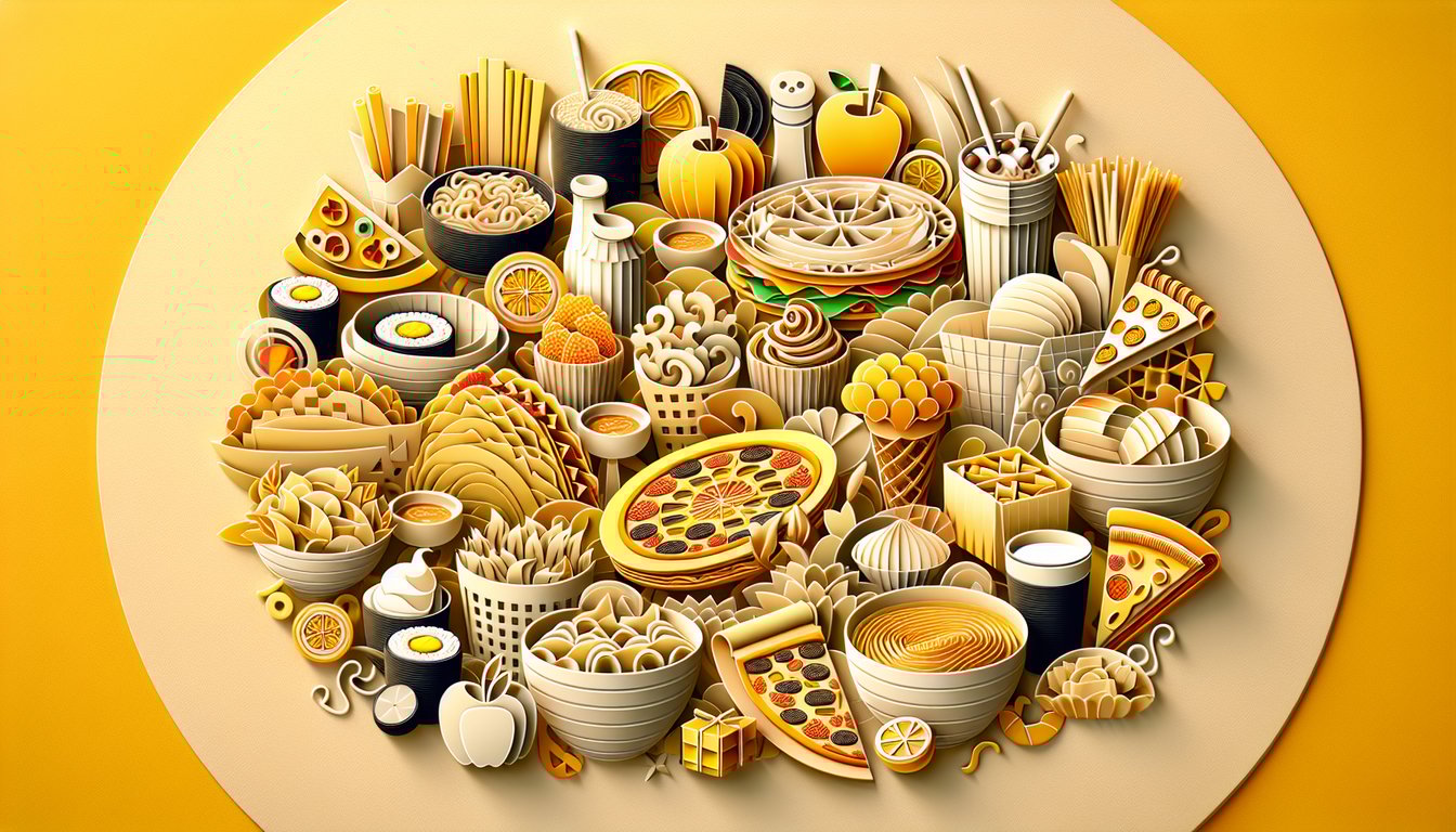 Paper art illustration for a quiz about finding the perfect dinner spot on a golden yellow background