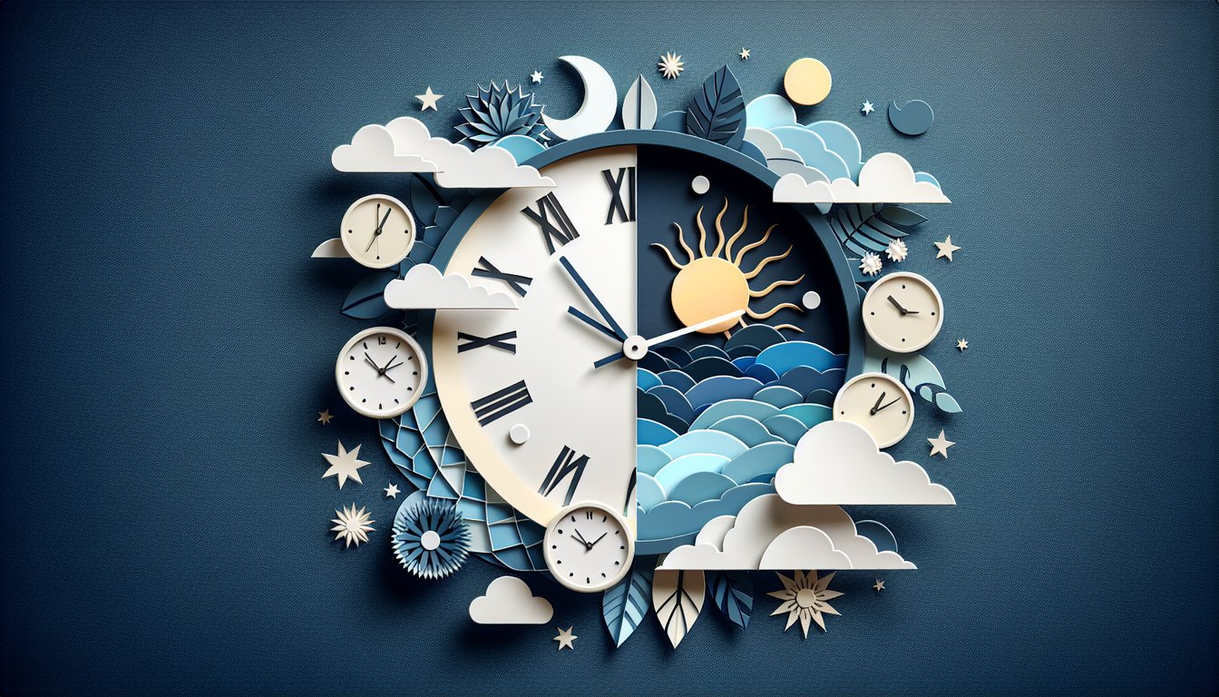 Paper art style clock sun moon and calendar icons beside quiz prompt on dark blue background