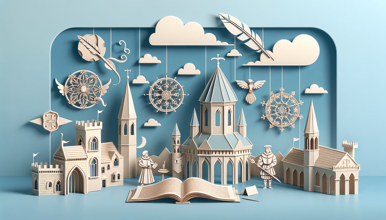 Paper art of open medieval book quill ink pot and scroll text on sky blue background for Canterbury Tales Prologue quiz