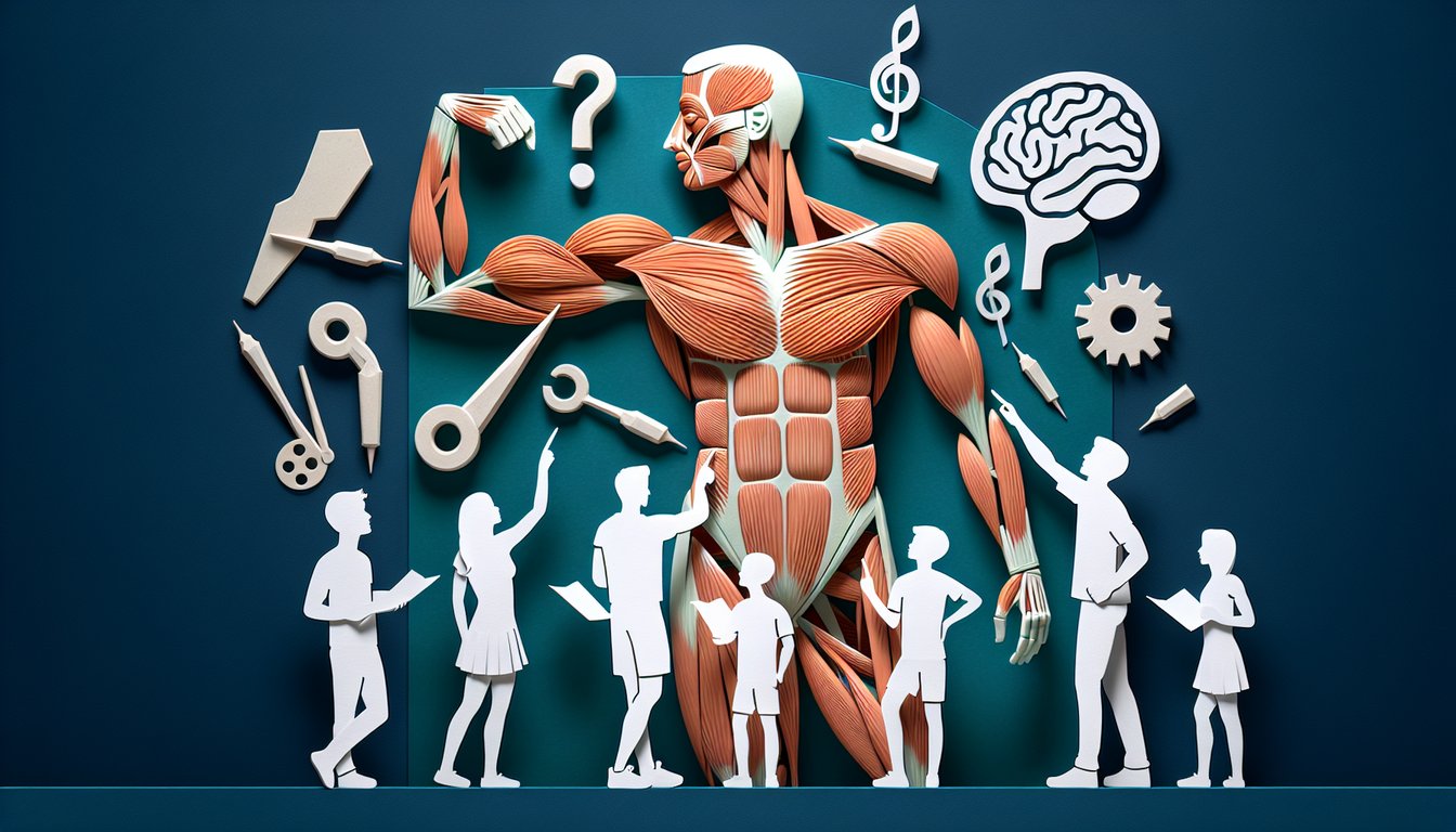 Colorful paper art promoting Muscle Mapping Mastery trivia for students.