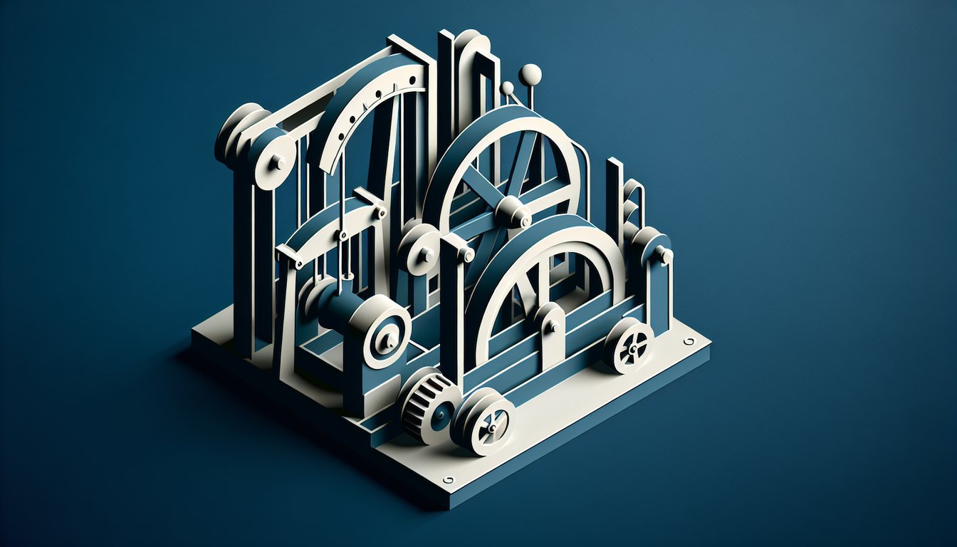 Paper art showing levers pulleys inclined planes wheels axles screws wedges on dark blue background for simple machines quiz