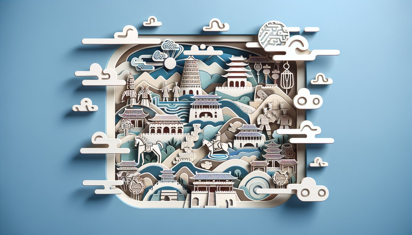 Paper art illustration for a Chinese provinces quiz on a sky blue background