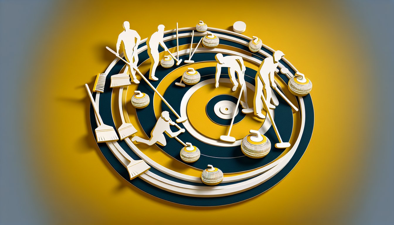 Paper art curling stones, broom and quiz question mark on golden yellow background