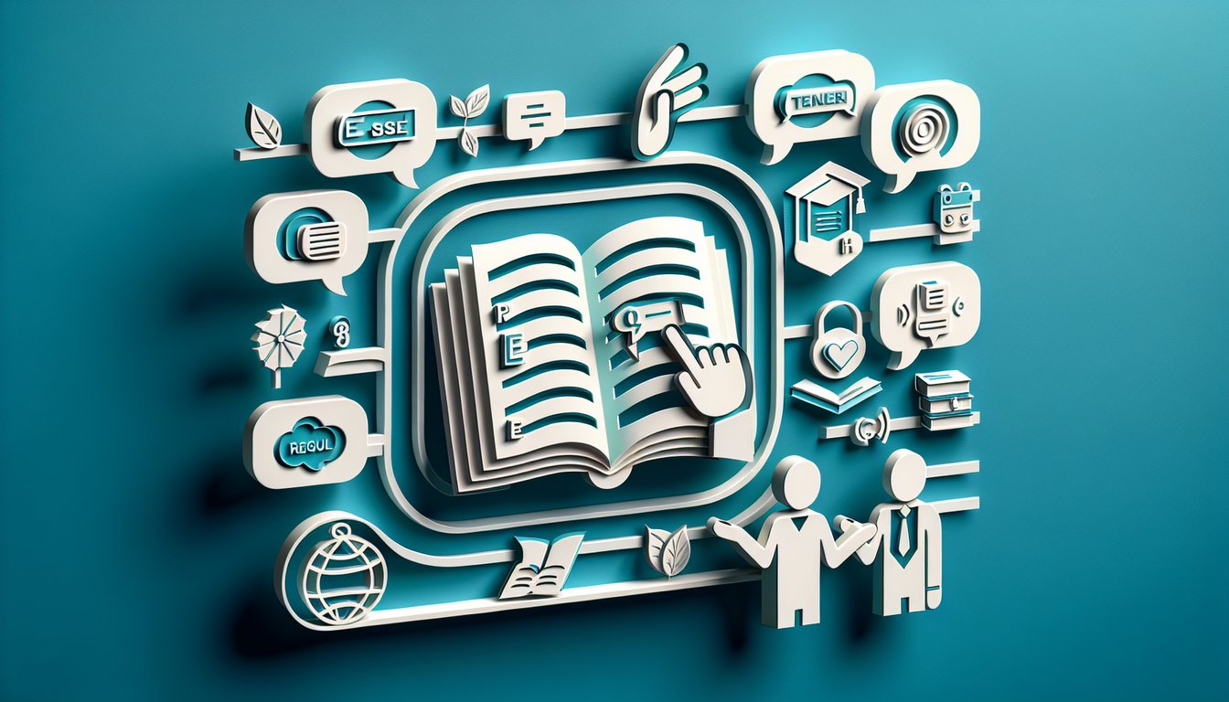 Paper art illustration of notebook pages with Spanish verb endings ar er ir quiz icons and pencil on teal background.
