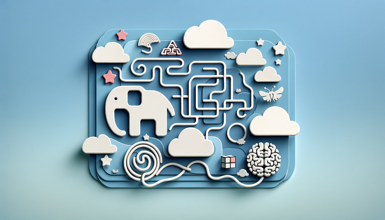 Paper art brain puzzle pieces on sky blue background evoking kids IQ quiz challenge logic memory problem-solving