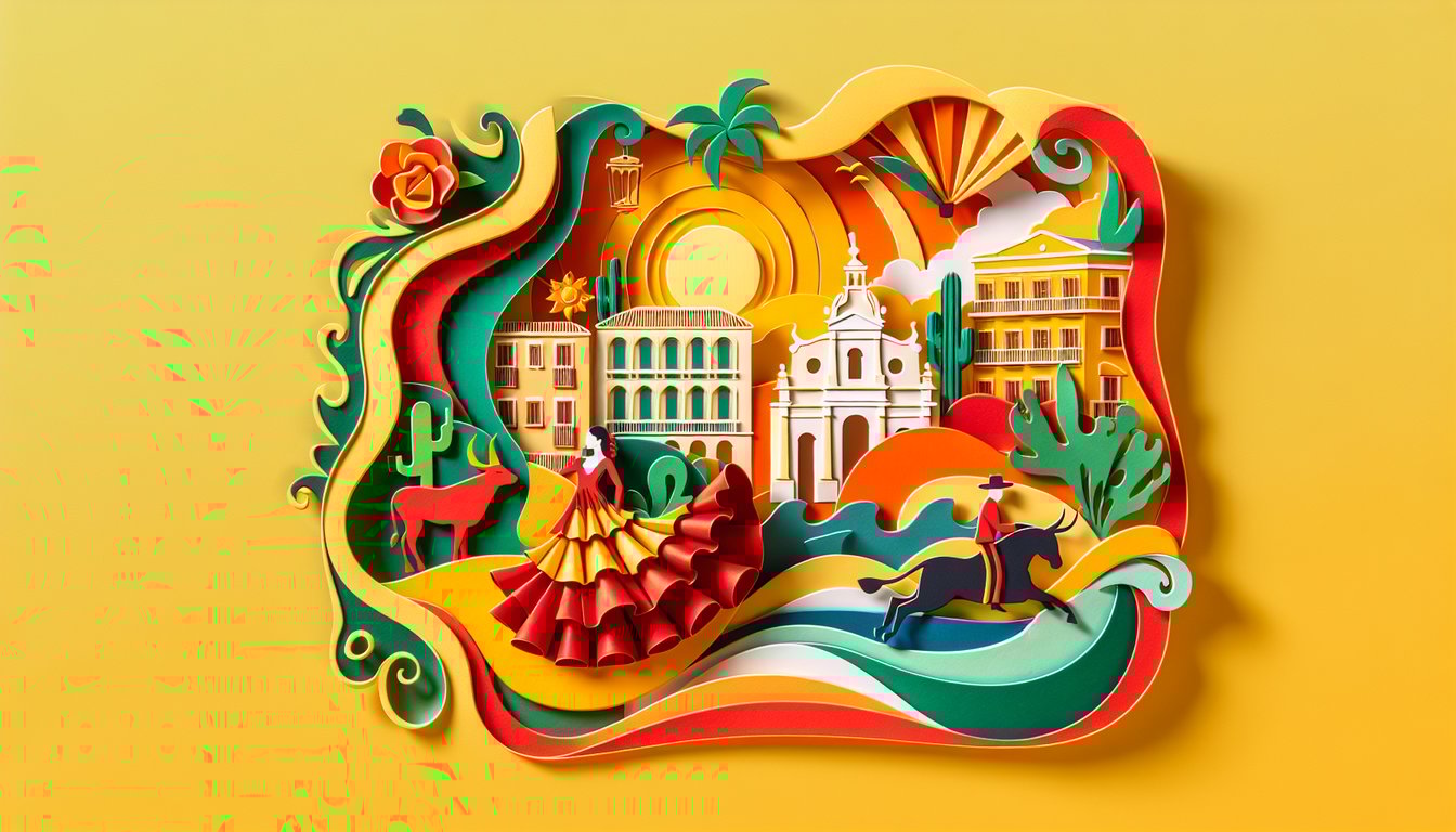 Vibrant paper art cutouts of color swatches and Spanish color words on golden yellow background playful quiz theme