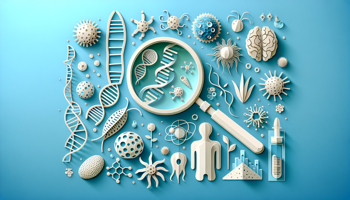 Paper art style biology quiz illustration with dna helix microscope leaf cells on sky blue background