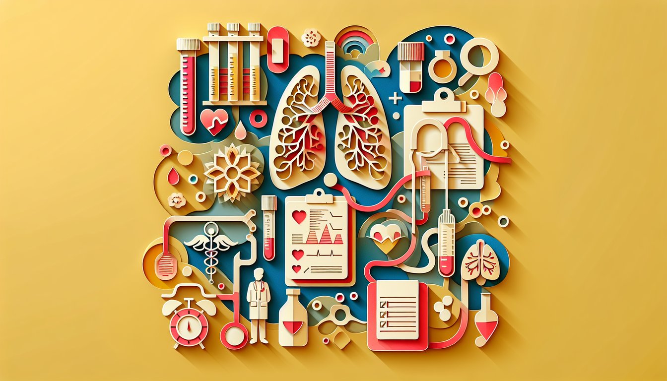 Paper art stethoscope lungs test tubes on golden yellow backdrop ABG quiz challenge acid base skills, instant feedback