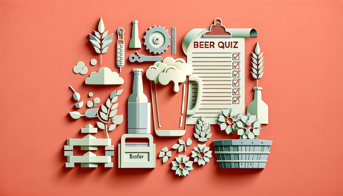 Paper art style beer mug with foam, hop leaves, and quiz title on coral background