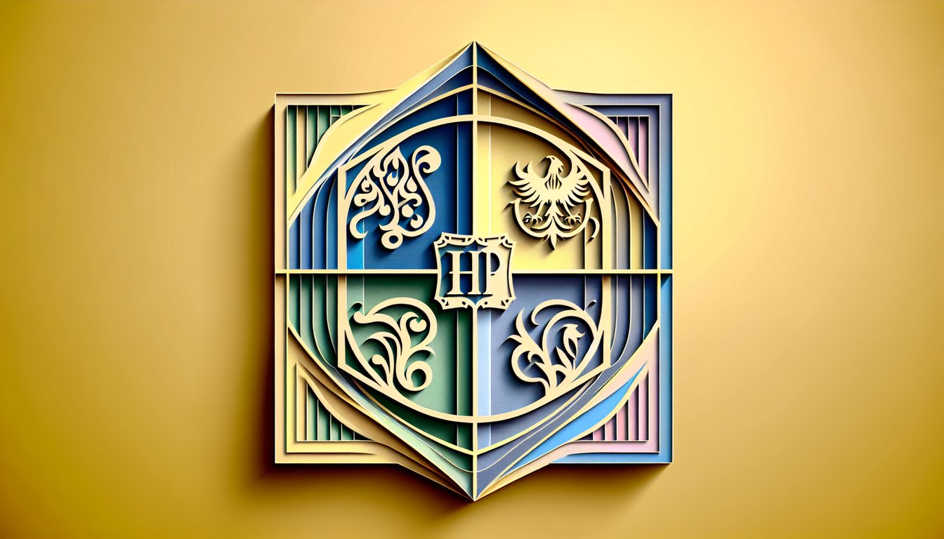 Paper art illustration of Hogwarts founders symbols on golden yellow background for a magical personality quiz