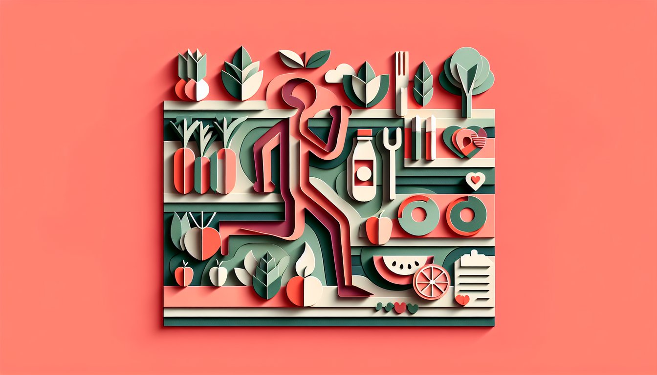 Papercut style illustration showing healthy lifestyle quiz concept with fruits vegetables exercise icons on coral background