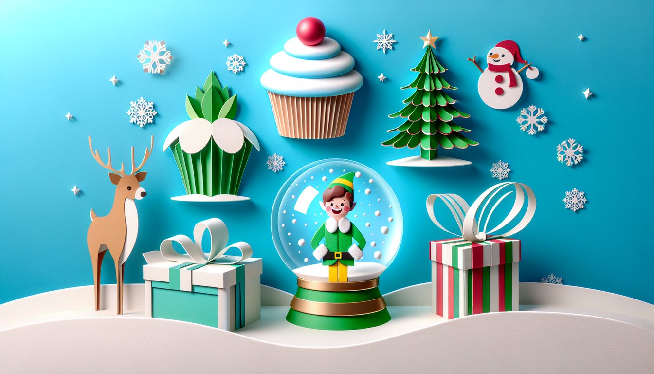 Paper art illustration of Buddy the Elf holding trivia quiz card with festive paper shapes on sky blue background