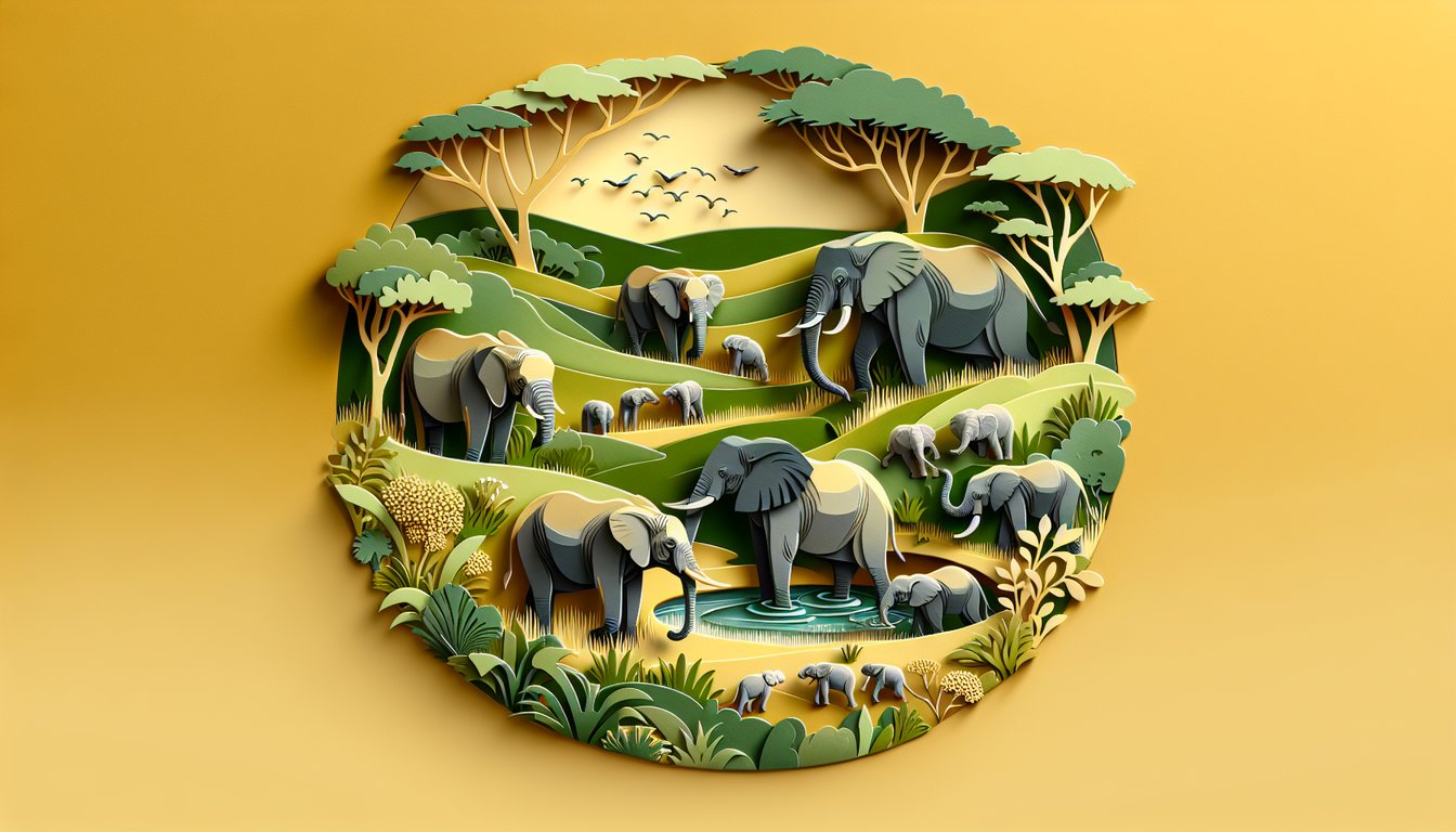 Paper art illustration for elephant trivia quiz on a golden yellow background