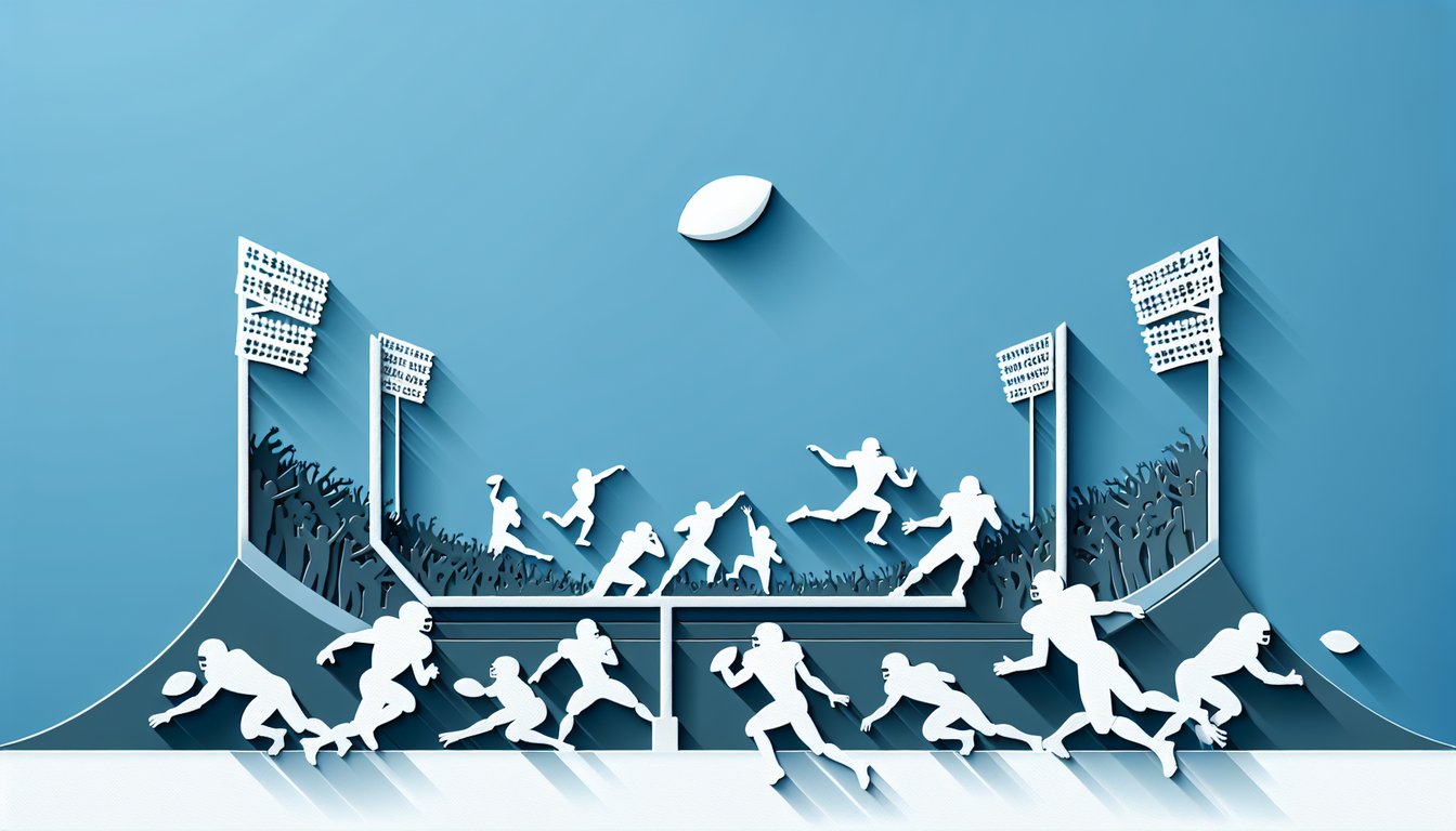Paper art illustration on sky blue background with football helmet star trophy cards for Dallas Cowboys trivia quiz