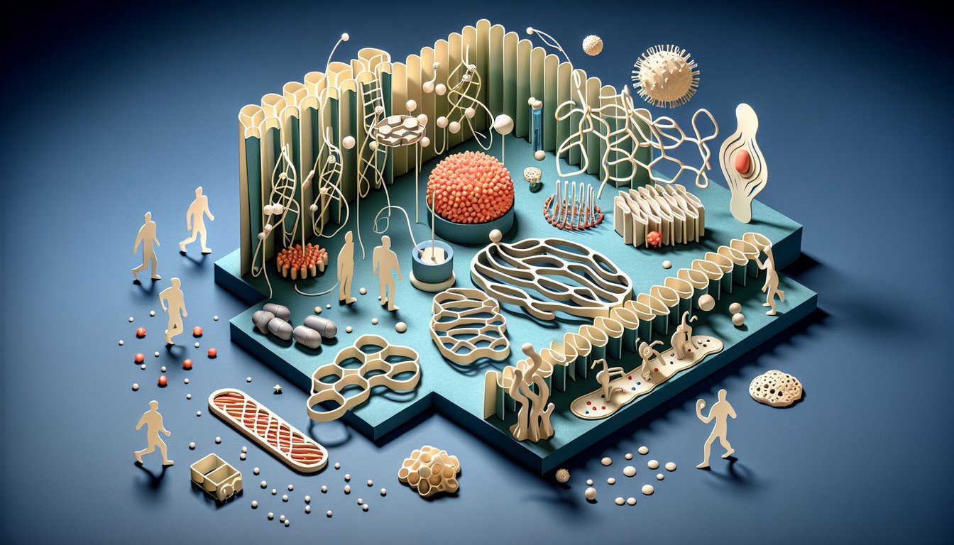 Paper art cell membrane with molecules crossing via passive and active transport arrows on dark blue background