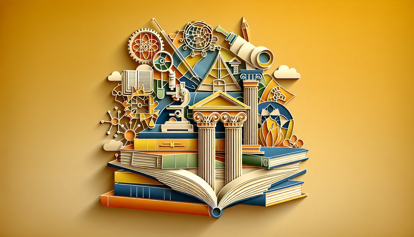 Paper cutout stack of textbooks pencil and open notebook floating on golden yellow background 10th grade syllabus quiz theme