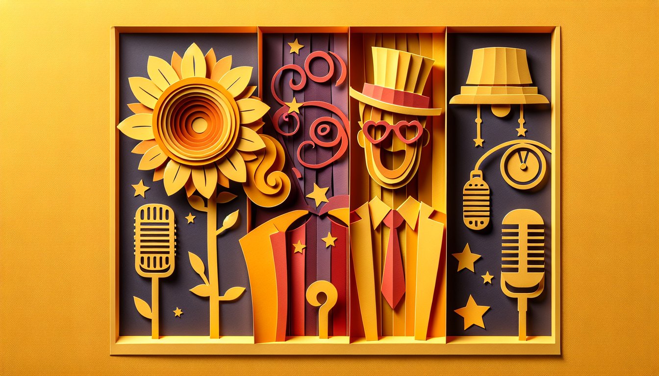 Paper art illustration of Unbreakable Kimmy Schmidt trio faces and quiz title on golden yellow background