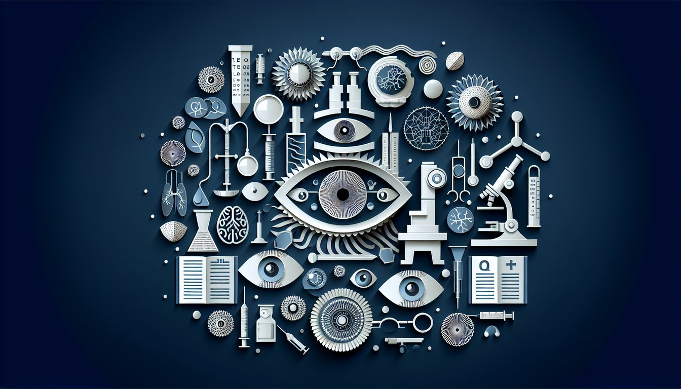 Colorful paper art depicting elements related to Ophthalmology Clinical Knowledge Quiz.
