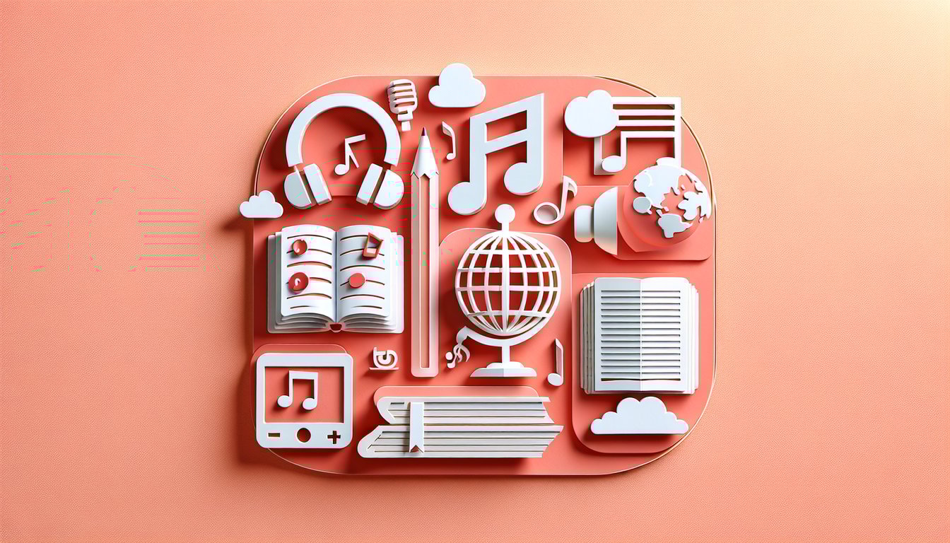 Paper cutout illustration of quiz interface elements laptop pencil question mark stars on coral background