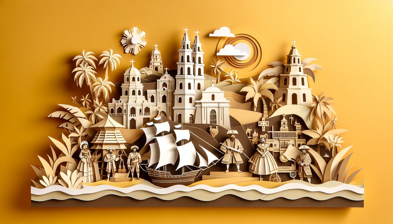 Paper art illustration of Spanish colonial church native houses palm trees and scroll on golden yellow background for quiz