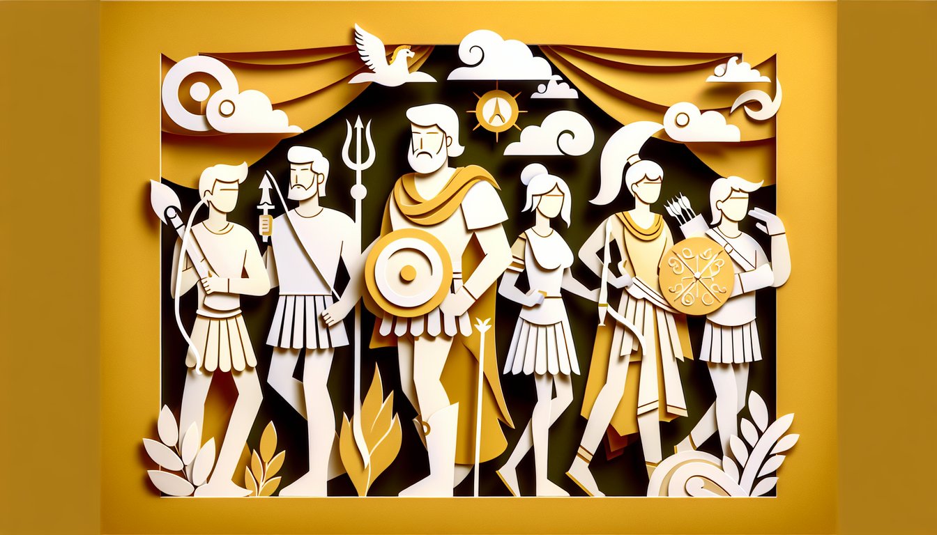 Paper art collage of Greek god masks scrolls lightning bolt on golden yellow background for Percy Jackson Greek Gods quiz