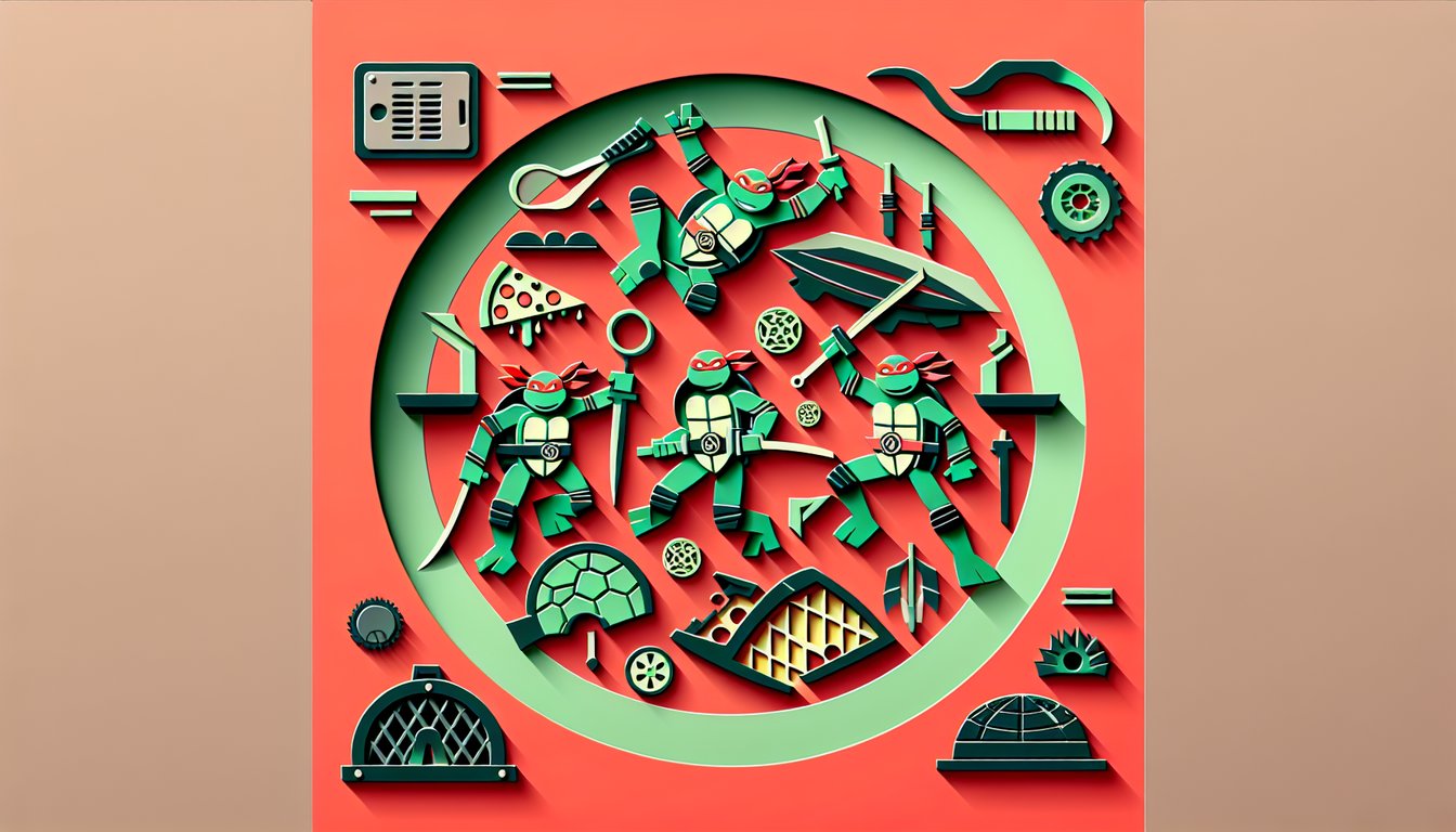 Paper art illustration for Ninja Turtle personality quiz on a coral background