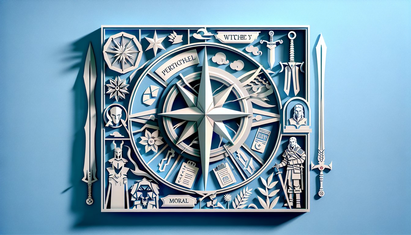 Paper art illustration for Witcher school personality quiz on sky blue background
