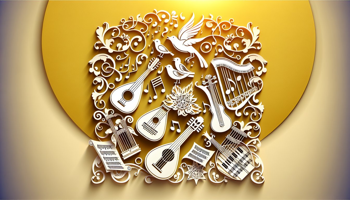 Paper art illustration for Renaissance Music Quiz on a golden yellow background