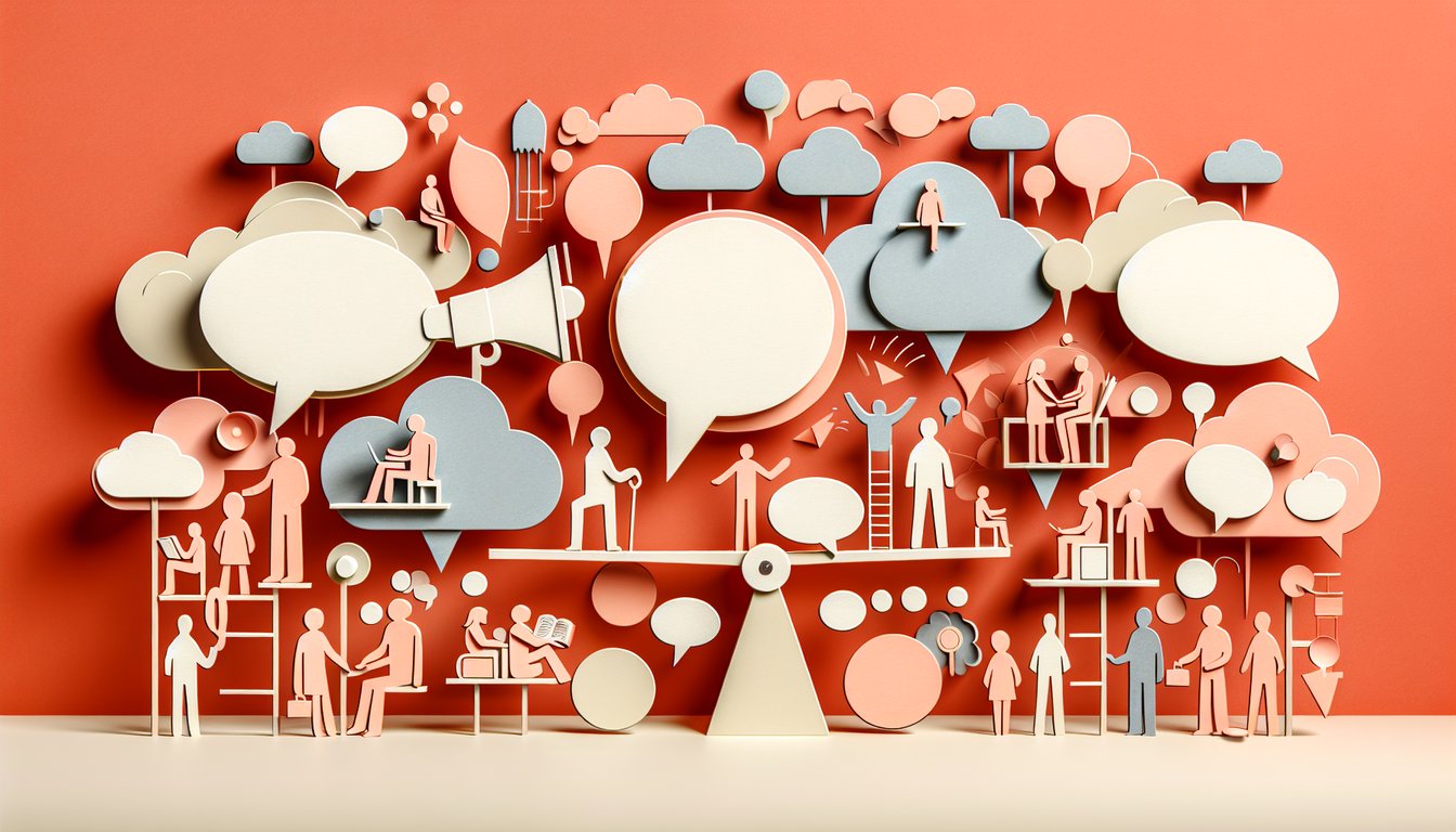 Paper art illustration for quiz on colloquialism and slang with speech bubbles playful icons on coral background.