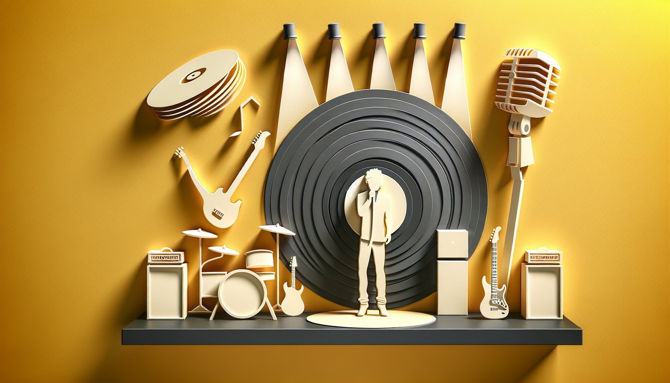 Paper art illustration for Blondie trivia quiz on a golden yellow background