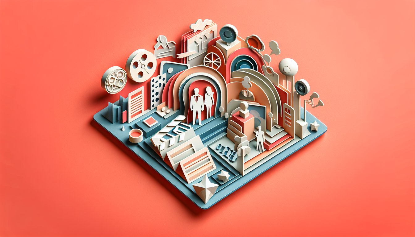 paper art style silhouette portrait with film reel icons, quiz prompt elements on coral background