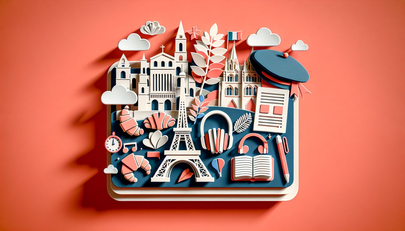 Colorful paper art illustration with flashcards and speech bubbles for basic French quiz on coral background