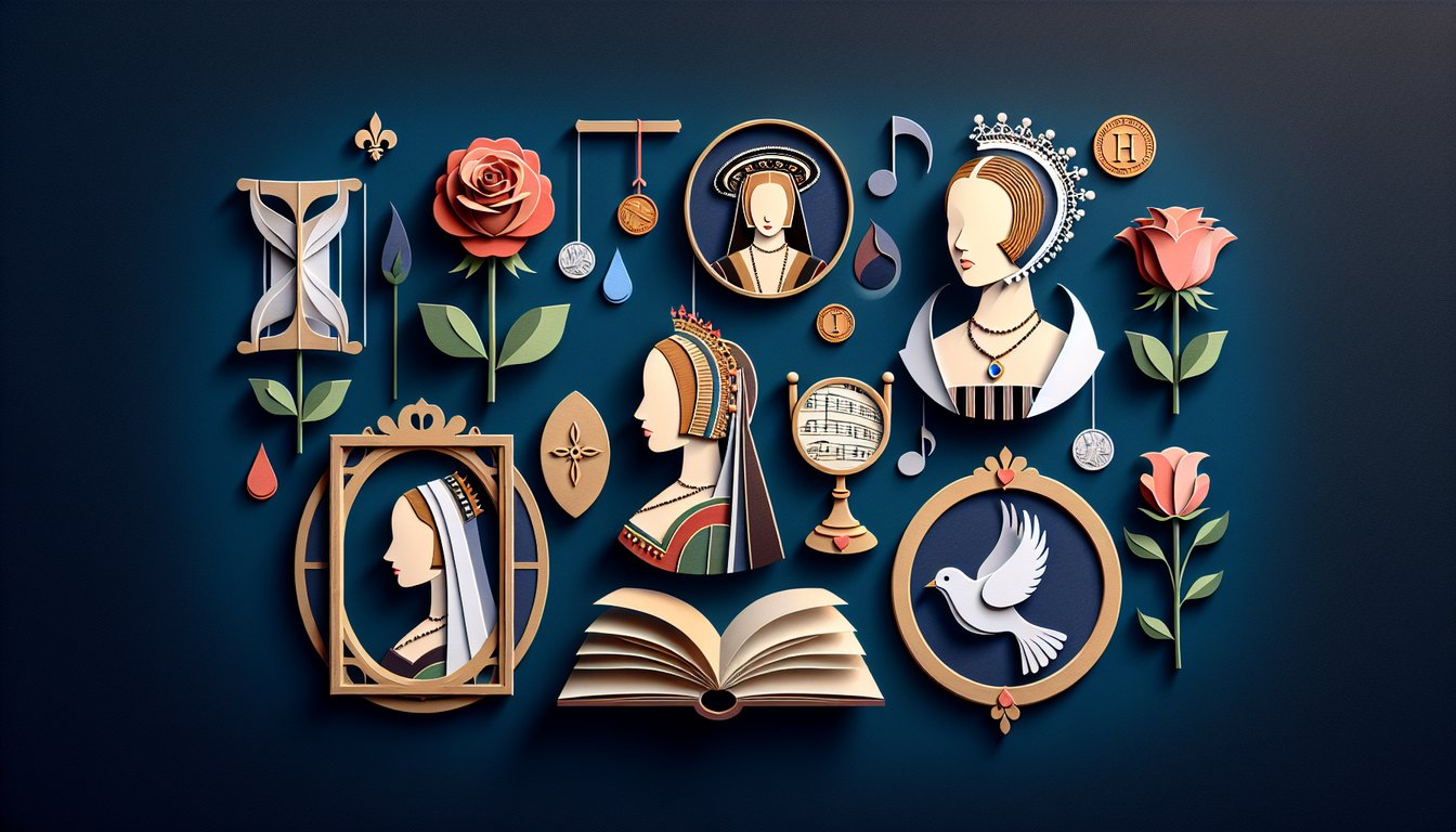 Paper art Tudor queen silhouettes and quiz invitation text on dark blue background.
