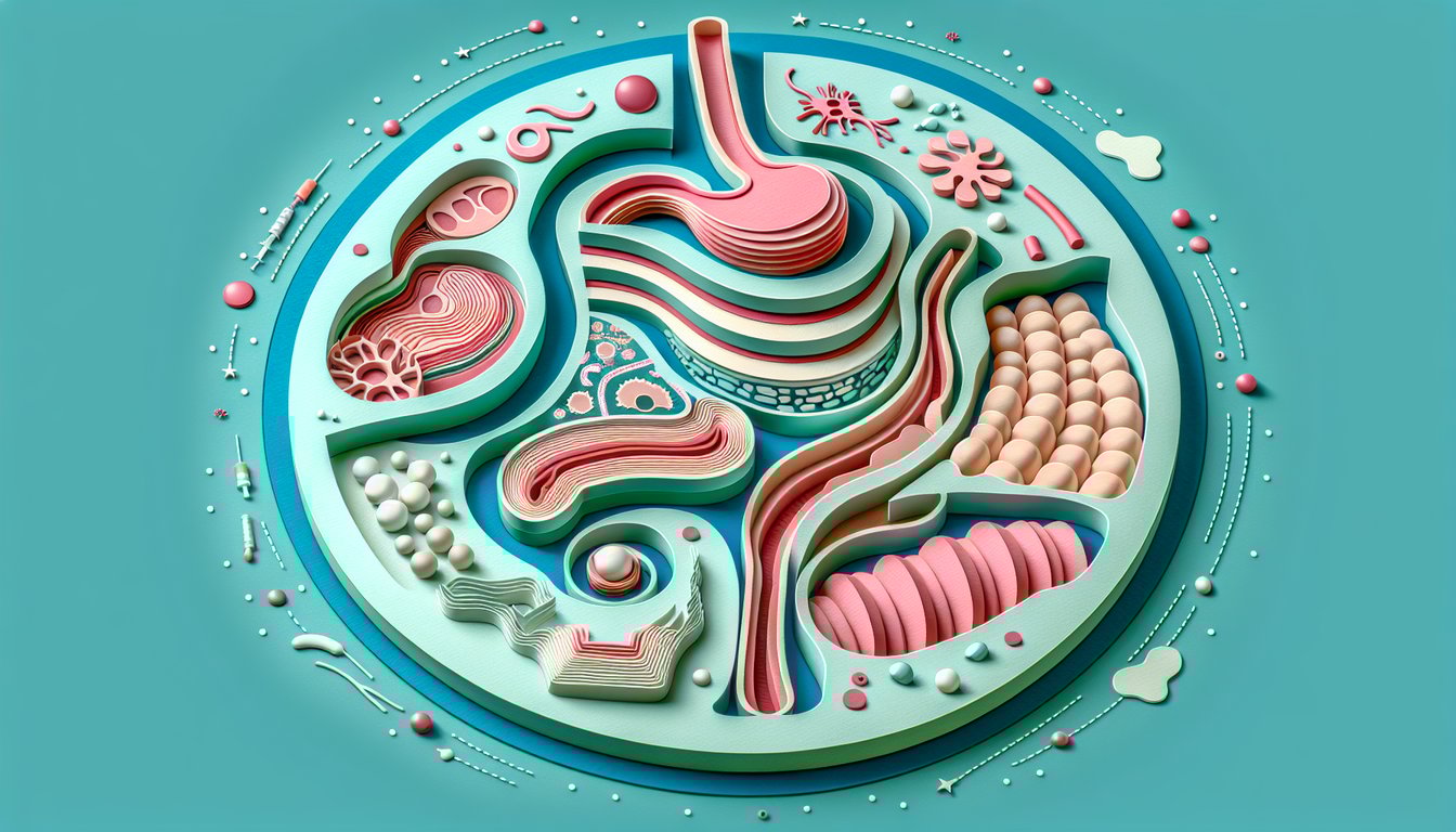 Paper art illustration of gastrointestinal tract layers and tissues on a teal background for histology quiz