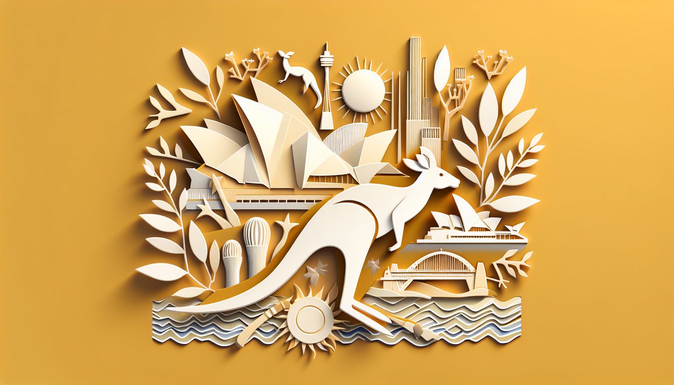 Paper art cutouts of kangaroo boomerang surfboard and map of Australia on golden yellow background for trivia quiz