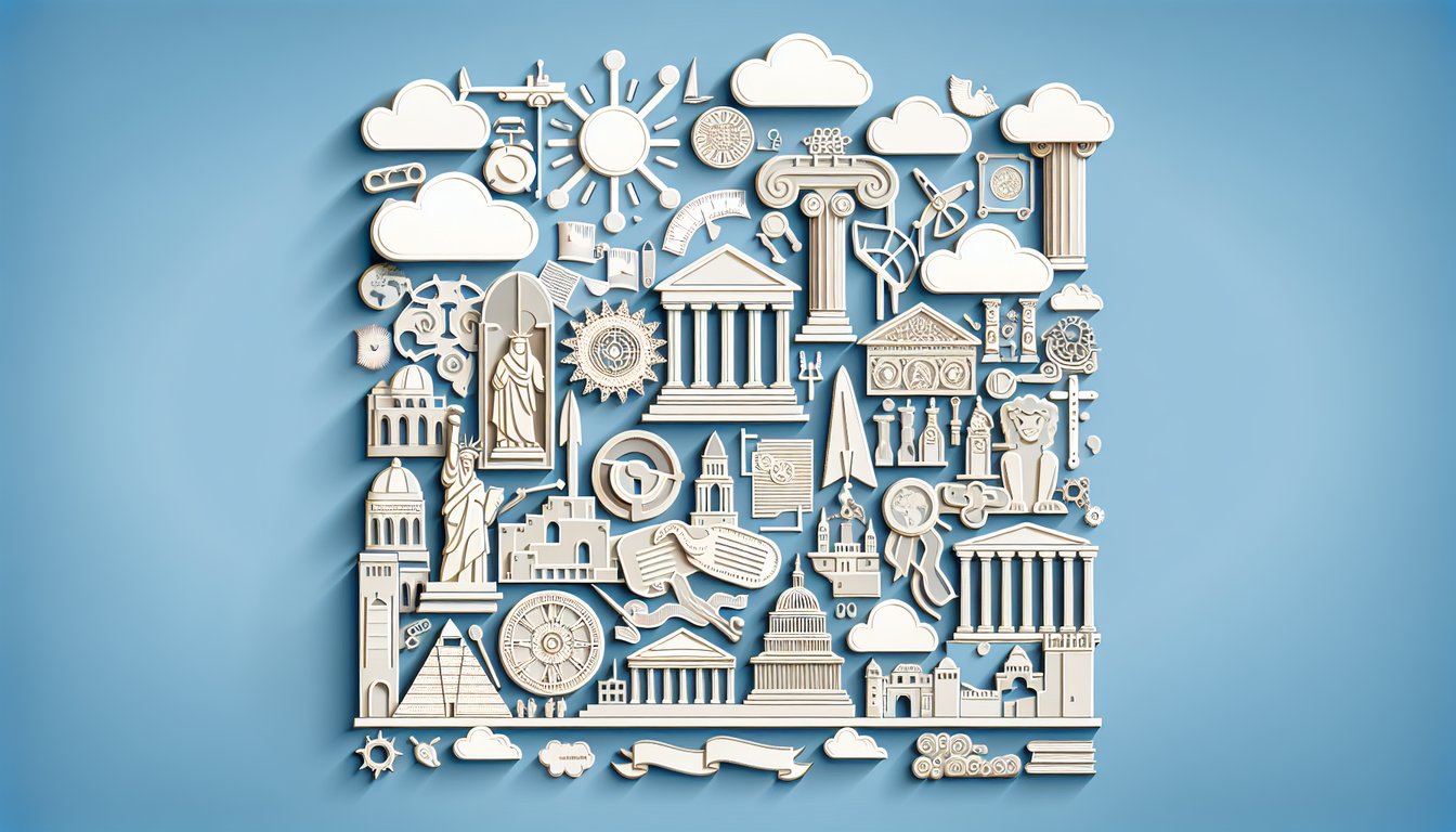 Paper cut art illustration for world history quiz with globe book pencil landmarks on sky blue background