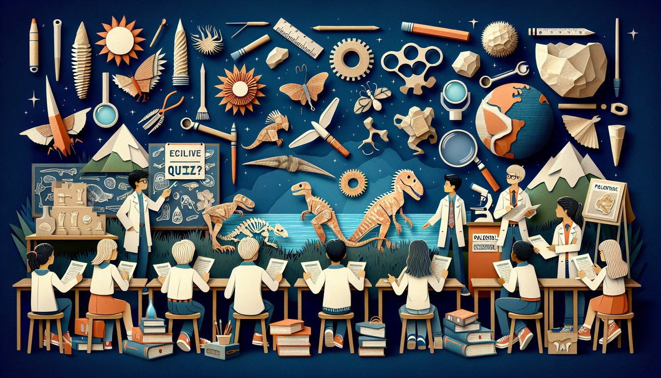 Colorful paper art promoting Fossil Frenzy, an educational Earth Science quiz for middle school students.
