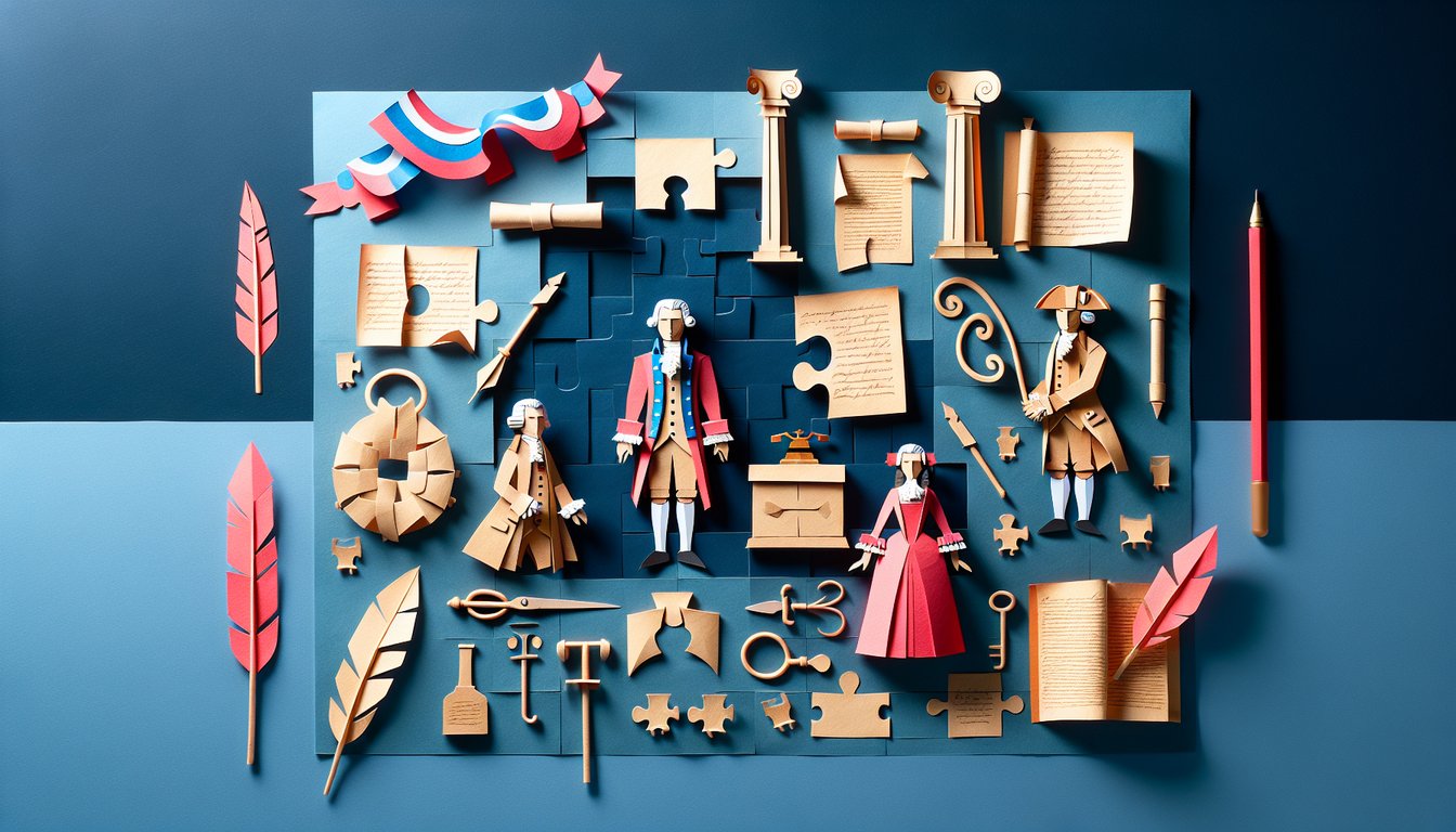 Paper art promoting a trivia quiz on Alexander Hamiltons legacy for high school students.