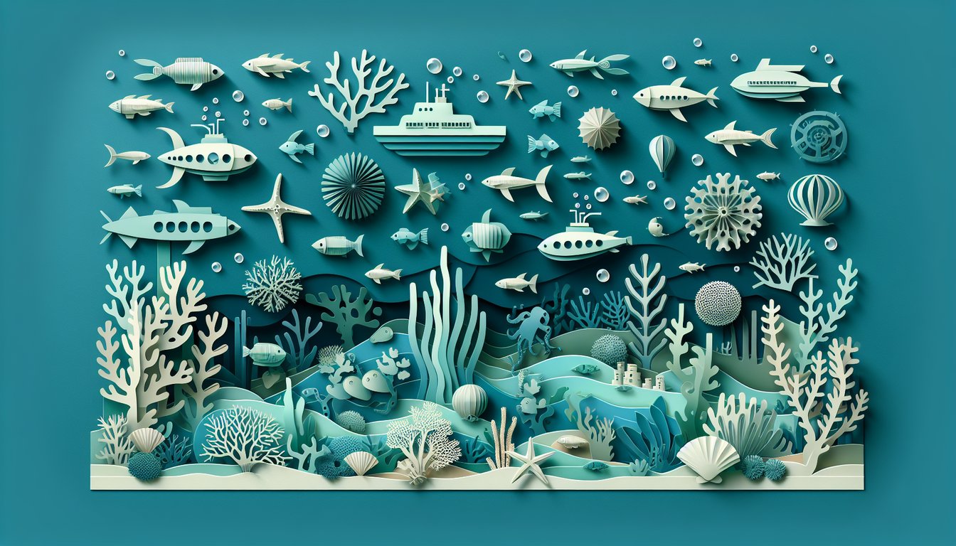 Paper art style deep sea scene with coral, fish, seashells, bubbles on teal background for free ocean trivia quiz