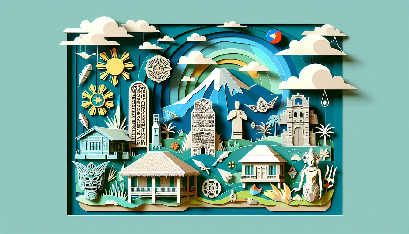 Paper art quiz illustration testing Filipino trivia, culture, and history on teal background