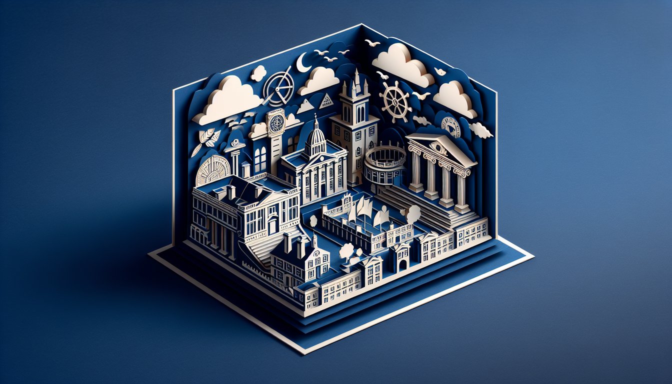 Paper art style Cambridge landmarks and academic icons with quiz prompt on dark blue background.